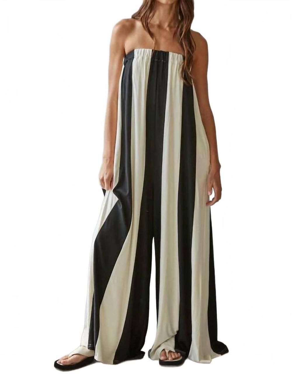 NEW BY TOGETHER striped tube wide leg jumpsuit in black/ ivory